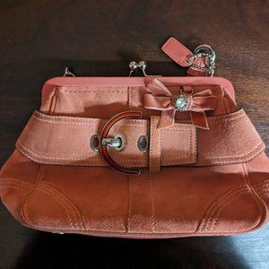 Vintage Pink Suede Kisslock Coach Purse with Buckle, Bow & Rhinestone #D05S-8A25